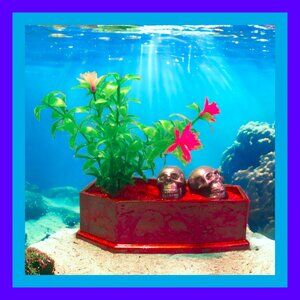 Aquarium Decoration  - Pink Coffin & Skulls with Flower Plant.